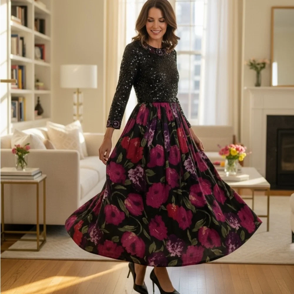 Victoria Royal Ltd Beaded Sequin Silk Gown Black Floral Maxi Dress 6/8 Vintage - Picture 16 of 16